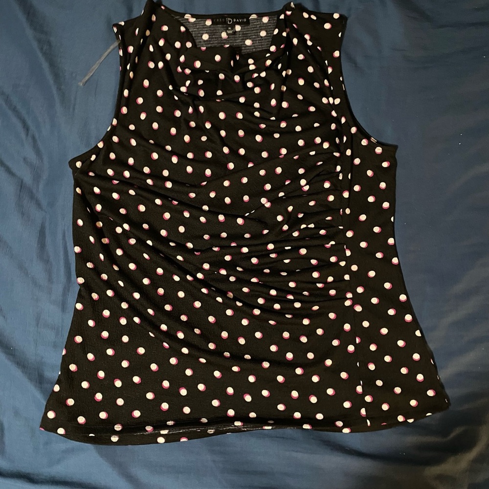 Black w/ pink cowl neck Polka Dot Sleeveless Top